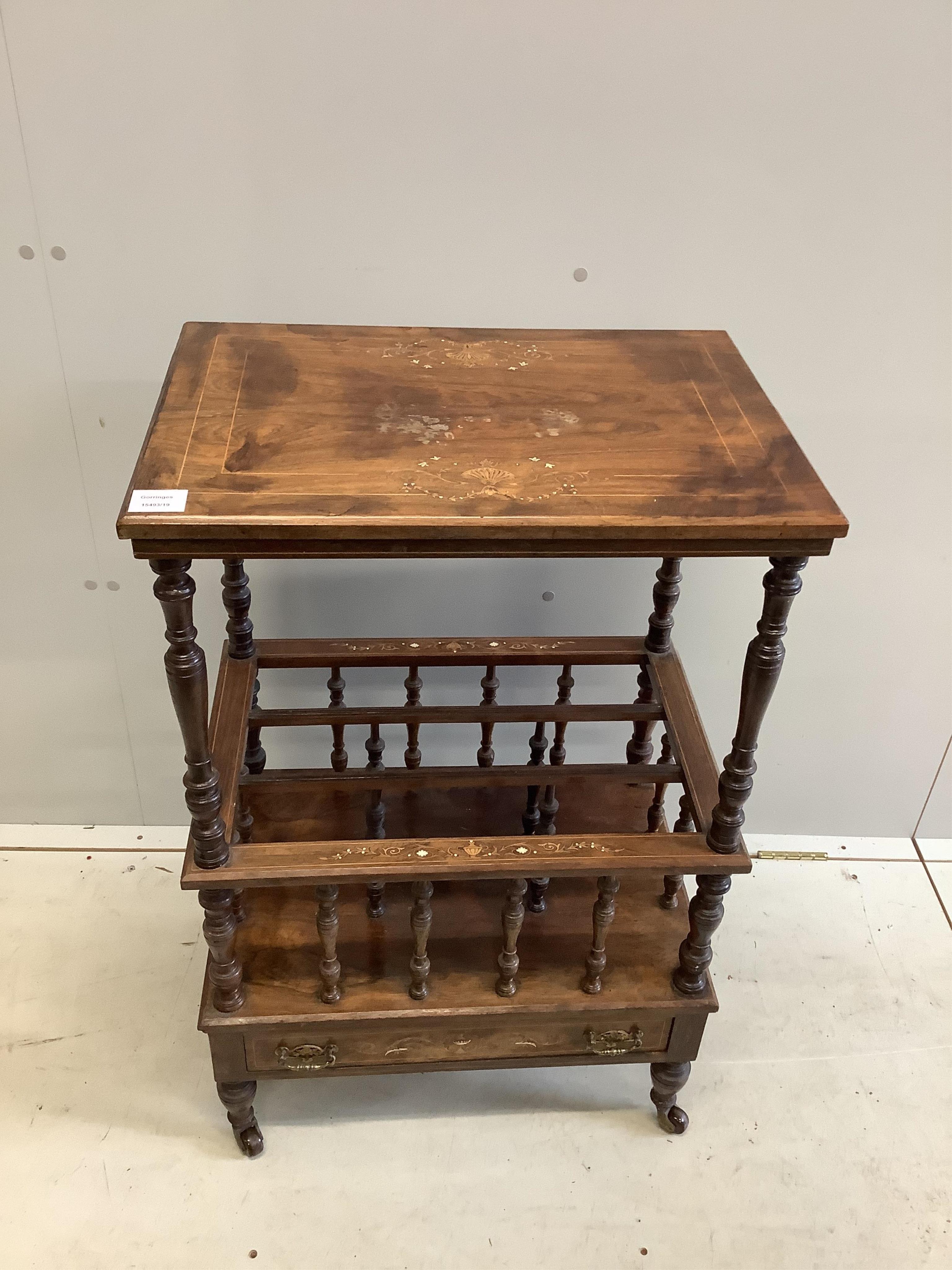 A mid Victorian inlaid rosewood Canterbury whatnot, width 56cm, depth 38cm, height 88cm. Condition - fair